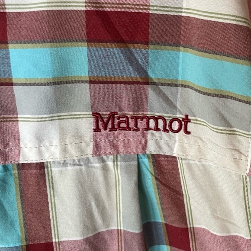 Marmot Short Sleeve Button Up Plaid Red Turquoise Teal White Men’s XL - Picture 4 of 7